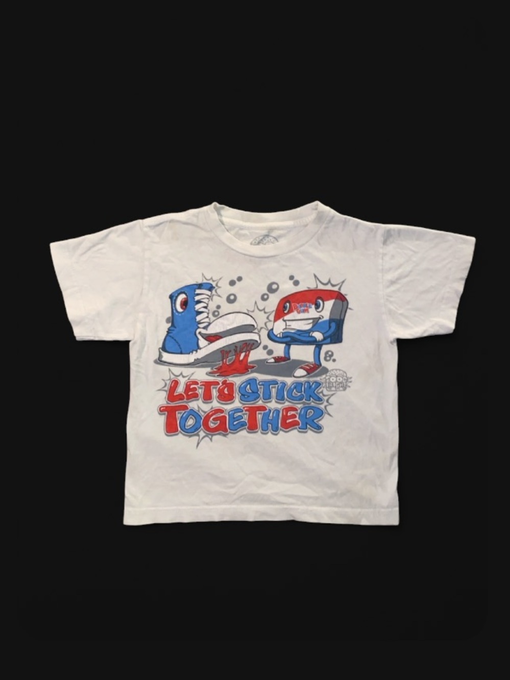 Kids White Graphic Tee with Red & Blue Cartoon Design